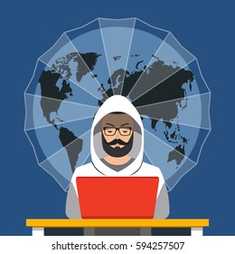 Hacker using his computer for cyber crime and hacking secret data. Earth on the background. Flat vector illustration.