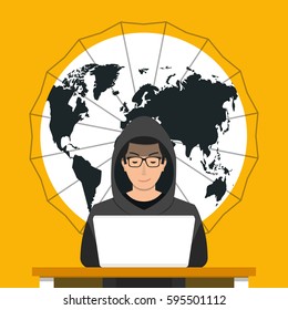 Hacker using his computer for cyber crime and hacking secret data. Earth on the background. Flat vector illustration.