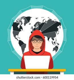 Hacker using his computer for cyber crime and hacking secret data. Earth on the background. Flat vector illustration.