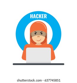 Hacker using his computer for cyber crime and hacking secret data. Flat cartoon style. Vector illustration.