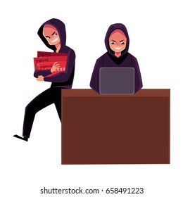 Hacker using laptop for cybercrime, breaking pin code, stealing money from credit card, cartoon vector illustration isolated on white background. laptop hacking, breaking, cracking, credit card fraud