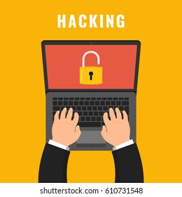 Hacker using laptop. Open lock on the screen. Concept of virus, piracy, hacking and security. Flat vector illustration.