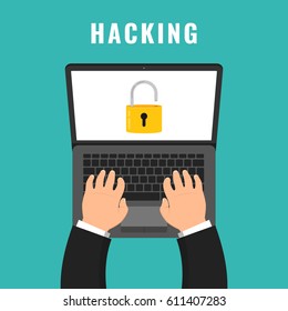 Hacker using laptop. Open lock on the screen. Concept of virus, piracy, hacking and security. Flat vector illustration.