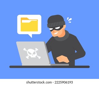 Hacker using laptop to steal document folder. Concept of data breach, cybercrime, computer system hacking, security vulnerability, or digital threat. Flat cartoon icon. Technology vector illustration.