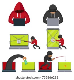 Hacker using laptop, stealing credit card information, money, fishing, breaking PIN code, flat style vector illustration isolated on white background. Computer hacker stealing, breaking, attacking