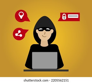 hacker, utilizando datos personales de usuarios de robos de portátiles, hacker de chaqueta negra, máscara de gafas de sol, desbloqueo de seguridad web corporativa, ilustración 3d de fondo amarillo