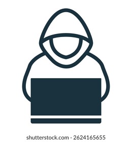 Hacker using laptop while wearing hoodie, cybersecurity threat