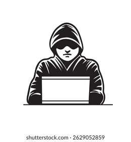 Hacker usando notebook contra ilustração de vetor de segurança cibernética
