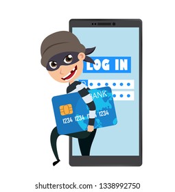 Hacker vector character holding credit card information stealing login information and online data in mobile phone. Vector illustration.
