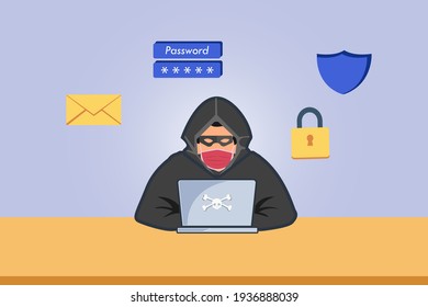 Hacker vector concept: Unknown man stealing data from the email while using laptop