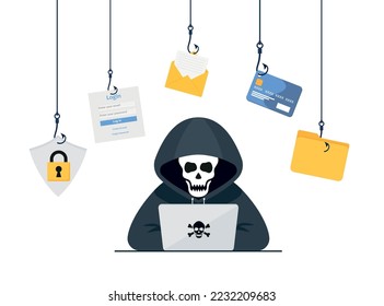 Concepto de vector hacker: Hombre desconocido robando datos del correo electrónico mientras usa los pasos del portátil 10
