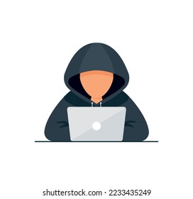 Hacker vector concept: Unknown man stealing data from the email while using laptop eps 10