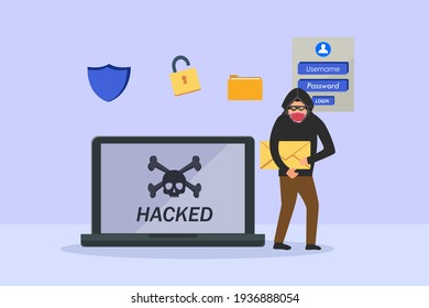 Hacker vector concept: Unknown hacker stealing data on email while using laptop