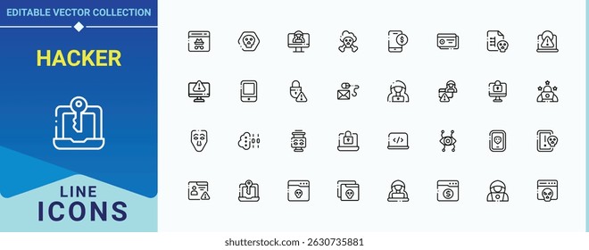 Conjunto de ícones de vetor de hacker. Ele contém símbolos para hackear, crime, fraude, ataque e muito mais. Conjunto de ícones de hackers. Traçado de vetor editável minimalista. Pictograma e infográfico.