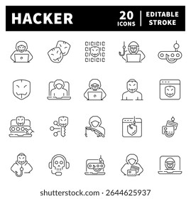 Ícones de vetor de hacker. Hacker. Cibercrime, hacking, senha, segurança cibernética, ícones relacionados a hackers. Linha fina, traçado editável