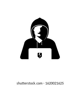 Hacker, vector illustration, icon, emblem. Hidden, hooded, masked man hacks into computer's security system