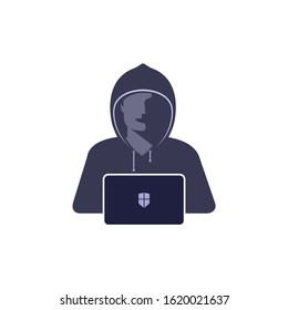 Hacker, vector illustration, icon, emblem. Hidden, hooded, masked man hacks into computer's security system