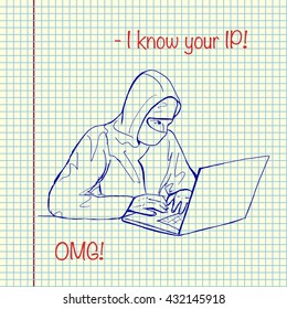 Hacker vector. I know your IP sign. Hand drawn stock illustration. Sheet drawing