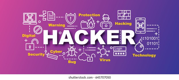 hacker vector trendy banner design concept, modern style with thin line art security icons on gradient colors background