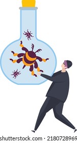 Ataque con virus hacker. Ciberataque y estafas de computadora. Ciber criminal. Ilustración vectorial plana.