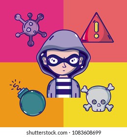 Hacker with virus cartoons