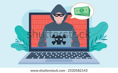 A hacker is visible on the laptop screen. Hacking code appears behind the hacker in the background. The hacker is in a hood with a mask on his face. A money bubble moves away from the character. 