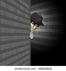 Hacker and wall of code number,digital crime in the dark.