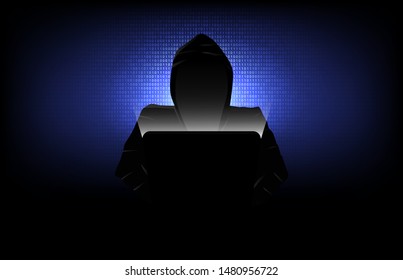 hacker wearing hood and computer with abstract background digital number