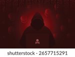 Hacker wearing hood using laptop computer with glow skull and crossbones logo in dark red room on binary code number and skulls background