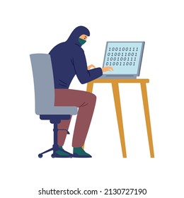 Hacker, wearing hoodie and balaclava mask, sit with a laptop breaking security system to steal data or activating computer virus. Computer fraud or anonymous spy criminal. Flat vector illustration.