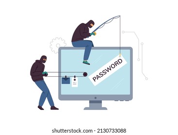 Hacker, wearing hoodie and balaclava mask, phishing password, steal email and online data. Computer fraud flat vector illustration.