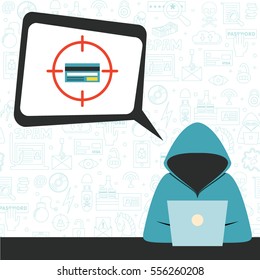 Hacker, der eine Hoodie trägt mit Sprachblase und kriminellen Gedanken. Vektorgrafik, flacher Stil. Konzept für Hacker, Eindringlinge, Verbrecherfigur, Gelddiebstahl.