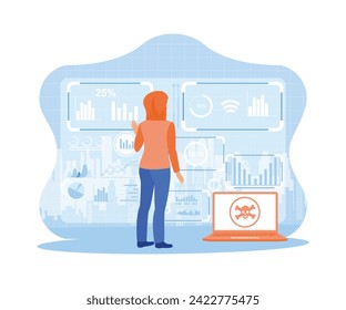 Hacker wearing a hoodie standing in front of a virtual screen. The digital business interface on the net. Concept of hi-tech and communication.