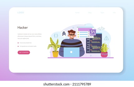 Hacker web banner or landing page. Cyber attack, thief stealing personal data and money from computer or smartphone. Digital data protection and database safety. Flat vector illustration