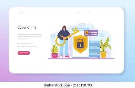 Hacker web banner or landing page. Cyber attack, thief stealing personal data and money from computer or smartphone. Digital data protection and database safety. Flat vector illustration