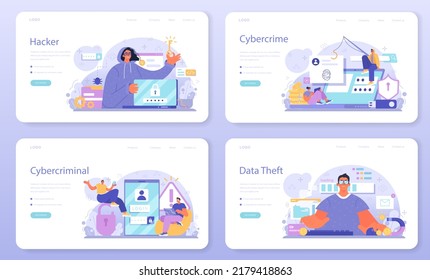 Hacker web banner or landing page set. Cyber attack, thief stealing personal data and money from computer or smartphone. Digital data protection and database safety. Flat vector illustration