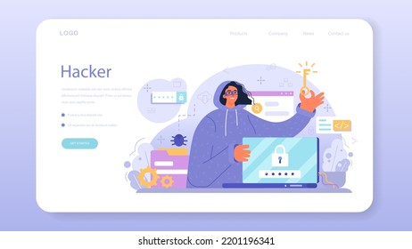 Afiche web o página de inicio de Hacker. Ataque cibernético, ladrón robando datos personales y dinero de computadora o smartphone. Protección digital de datos y seguridad de bases de datos. Ilustración vectorial plana