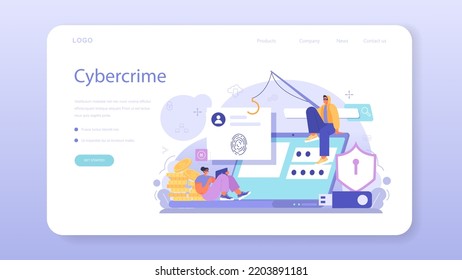 Hacker web banner or landing page. Cyber attack, thief stealing personal data and money from computer or smartphone. Digital data protection and database safety. Flat vector illustration