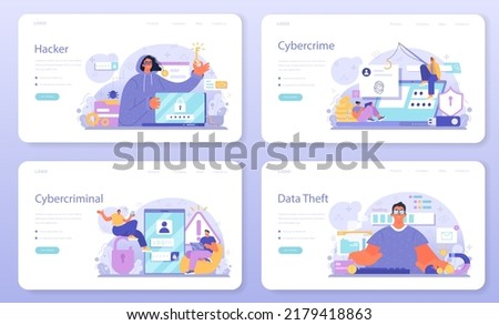 Hacker web banner or landing page set. Cyber attack, thief stealing personal data and money from computer or smartphone. Digital data protection and database safety. Flat vector illustration