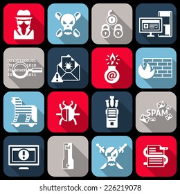 Hacker web protection icons flat set with virus worm crack isolated vector illustration