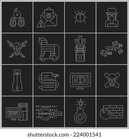 Hacker web security icons outline set with cyber crime elements isolated vector illustration