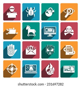 Hacker white flat icons set with spy technologies computer danger and protection isolated vector illustration