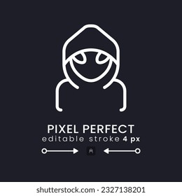 Hacker white linear desktop icon on black. Network security. Cybercrime attack. Malicious software. Pixel perfect 128x128, outline 4px. Isolated user interface symbol for dark theme. Editable stroke