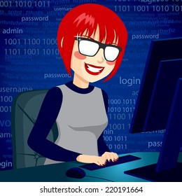 Hacker woman typing on computer enjoying breaking system security code with mischievous smile