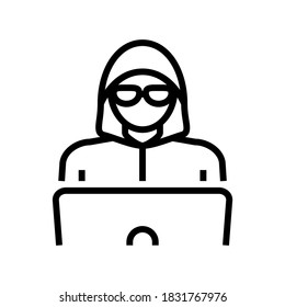 trabajo hacker en el vector de iconos de la línea del portátil. hacker trabaja en el letrero del portátil. símbolo de contorno aislado ilustración negra