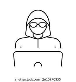 hacker work at laptop line icon vector. hacker work at laptop sign. isolated contour symbol black illustration