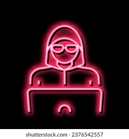 hacker work at laptop neon light sign vector. hacker work at laptop sign. isolated symbol illustration