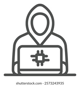Hacker working at laptop line icon, hacker attacks concept. Vector graphics. IT criminal man with computer sign on white background, outline style icon for mobile or web design