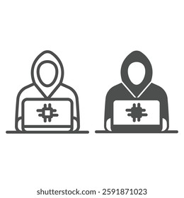 Hacker working at laptop line and solid icon, hacker attacks concept. Vector graphics. IT criminal man with computer sign on white background, outline style icon for mobile or web design