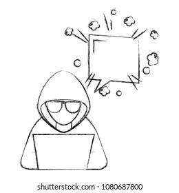 hacker working in laptop speech bubble